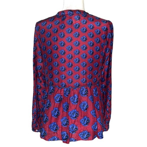 RARE J.Crew Burgundy Red & Blue Floral Rose Printed Pintucked Pleated Top - 6 - Picture 4 of 9